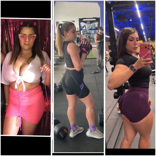 Collage de los primeros meses de entrenamiento: Kendolly con top blanco y falda rosa, entrenando de espaldas y en una selfie de espejo en el gimnasio