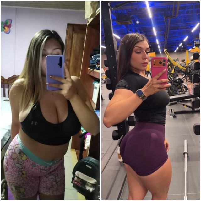 Dos selfies de espejo en el gimnasio, con top negro y licra estampada, de la época en que empezó a subir su proceso todos los días