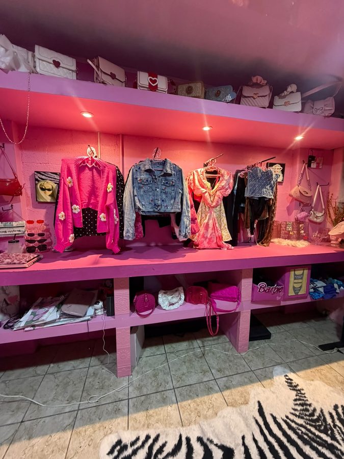 La repisa rosada de la tienda con la ropa colgada y los tenis acomodados abajo