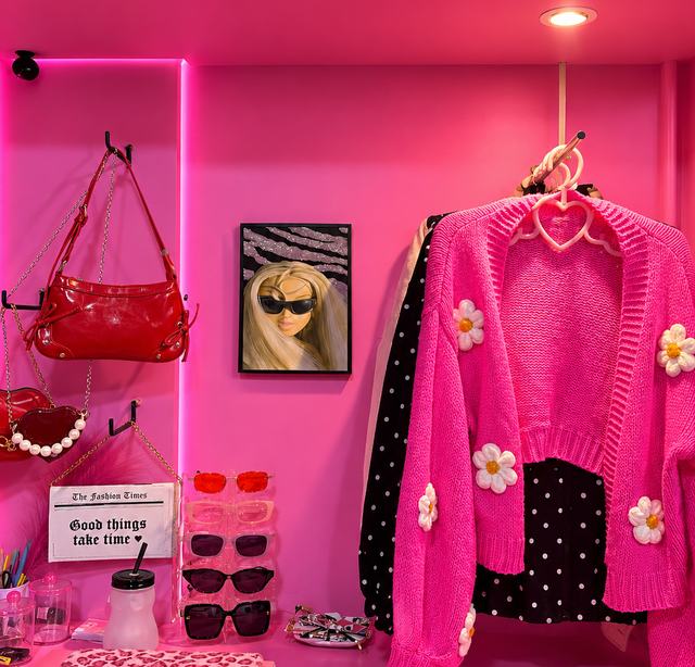 Rincón de accesorios: bolsos colgados, lentes de sol y un cárdigan rosado con flores